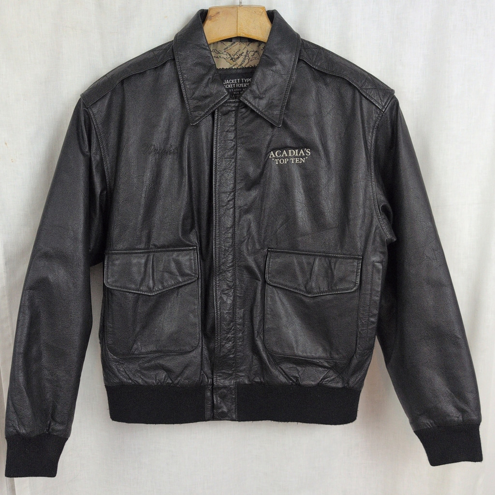 Black Leather A2 "Acadia's Top Ten" Embroidered Bomber Jacket Large.